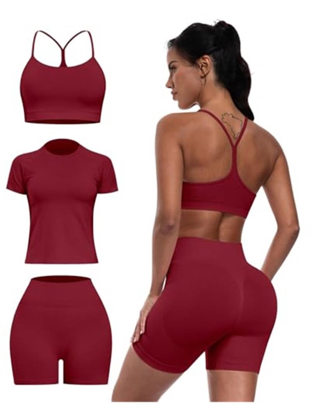 Women’s 3 Piece Workout Set – Sports Bra, Short Sleeve Top & High Waist Gym Shor